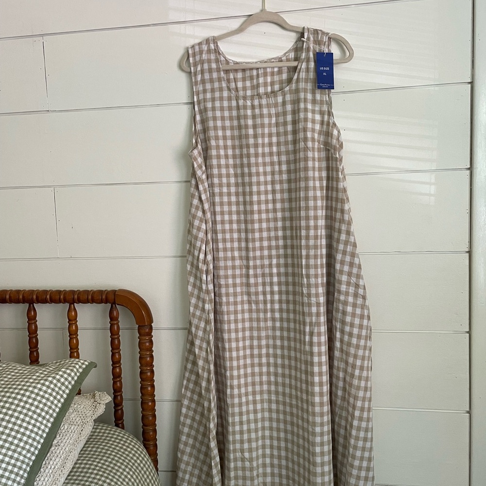 Tan and White Gingham maxi dress | 100% cotton